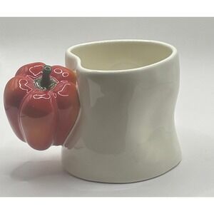 Red Bell Pepper Handle Ceramic Mug White Sculpted Modern Cottagecore Quirky
